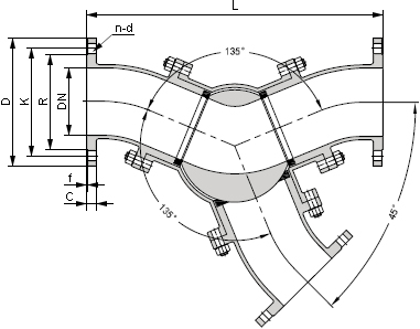 45度Y型三通球閥結構圖